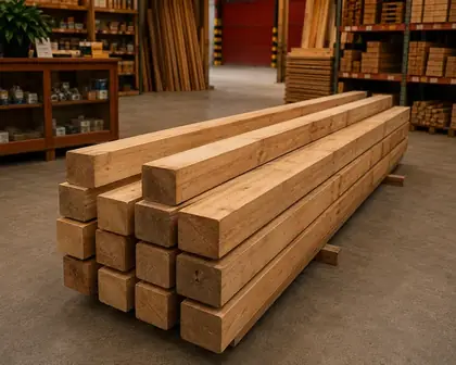 Vigas de madeira empilhadas, produto da Madeireira Walmar